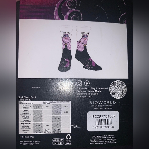 Disney Ursula Little Mermaid  Men Crew Sock 10-13 Bioworld Animigos Collection - Picture 2 of 2